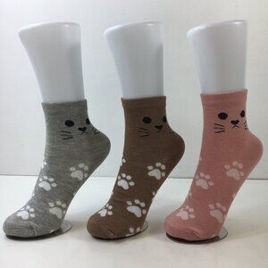 Womens Cat Face Paw Print Ankle Socks 3-Pack Gray Brown Pink